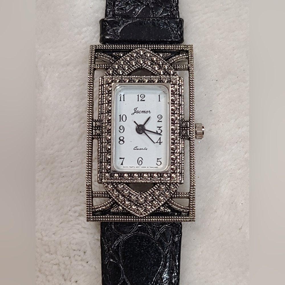 Vintage Jacmor Women's Silver Tone Watch On Black Leather Band A2035